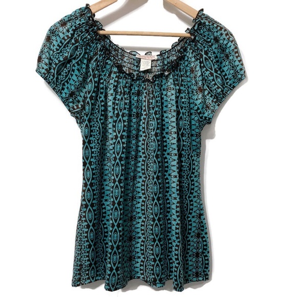 CLAUDIA RICHARD Boho Peasant Top Blue Brown Sz LG - Picture 2 of 15